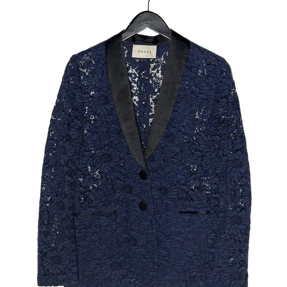 Gucci Navy Blue Lace Satin Tuxedo Lapel Blazer - Picture 1 of 7